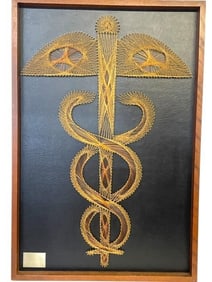 MODERN STRING ART GOLD CADUCEUS WALL SCULPTURE 37"