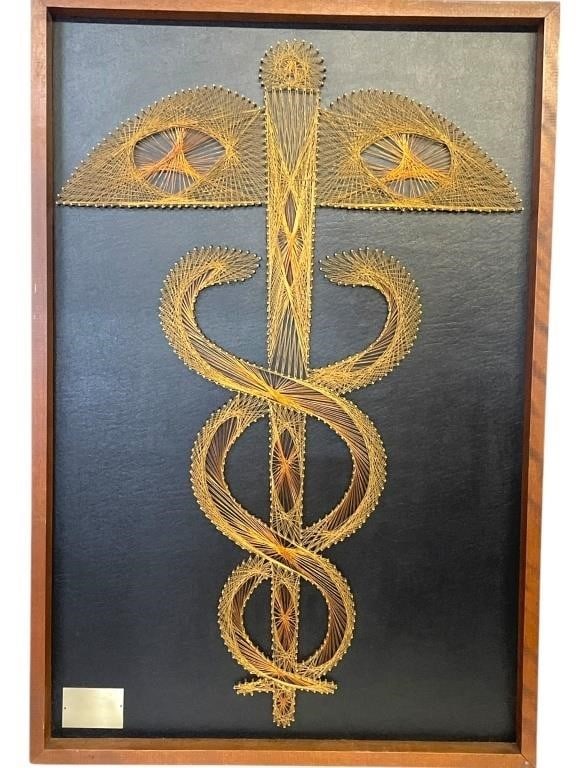 MODERN STRING ART GOLD CADUCEUS WALL SCULPTURE 37" (1 of 7)
