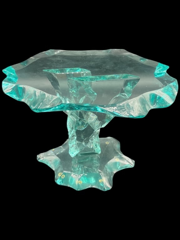 LUCITE ACRYLIC SCULPTURAL 7.5": -STRIKING POSTMODERN-STYLE PEDESTAL WITH CHISELED, WAVE-LIKE EDGES AND TEXTURED CLEAR AQUA LUCITE STRUCTURE– FEATURES A TRIPLE-COLUMN BASE SUPPORTING A FREEFORM TOP SURFACE – PERFECT FOR DISPLAYIN