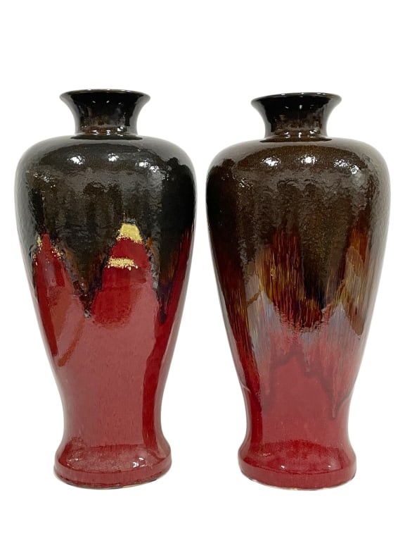 PAIR OF GLOSSY RED & BROWN CERAMIC VASES 19" (1 of 4)