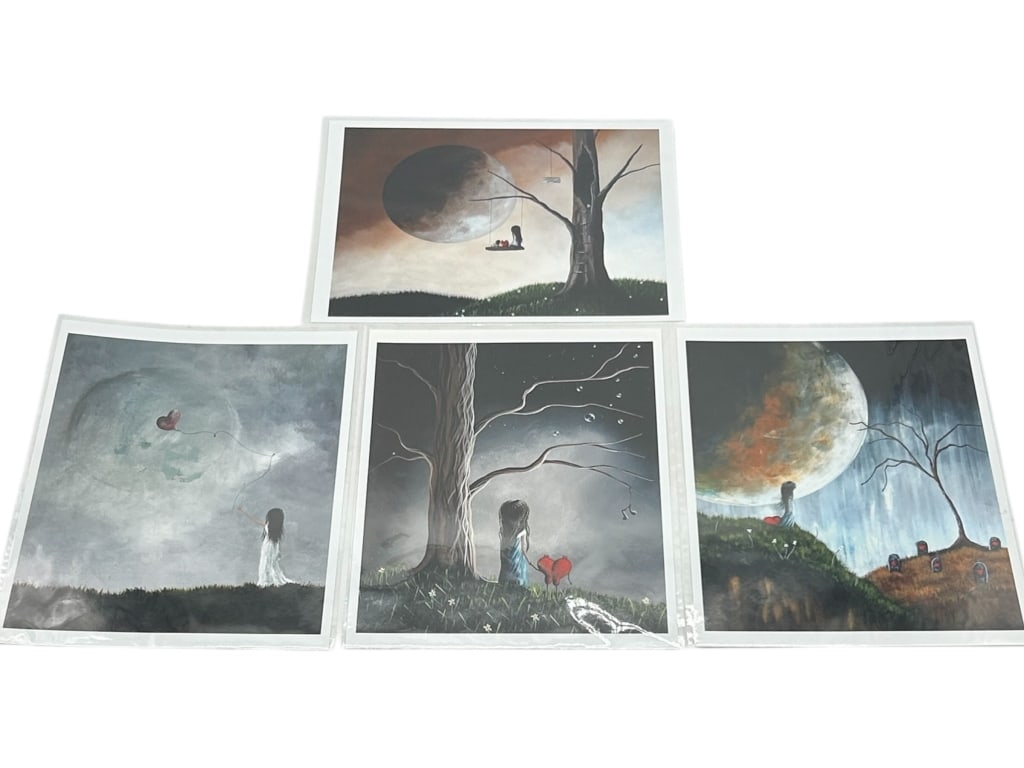 LOT OF 4 ART PRINTS 11": - STRIKING SET OF FOUR FANTASTICAL ART PRINTS, EACH FEATURING A MYSTICAL LANDSCAPE WITH A CHILDLIKE FIGURE, HEART SYMBOLS, AND DRAMATIC MOONS. THEMED AROUND EMOTIONS AND NOSTALGIA, THESE PRINTS SHOW A