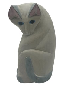HAND-CARVED WOODEN CAT SCULPTURE 9"