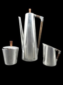 ROYAL HOLLAND PEWTER AND TEAK DANISH COFFEE SET
