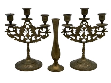 PAIR OF BRASS CANDELABRAS W/ MATCHING BUD VASE