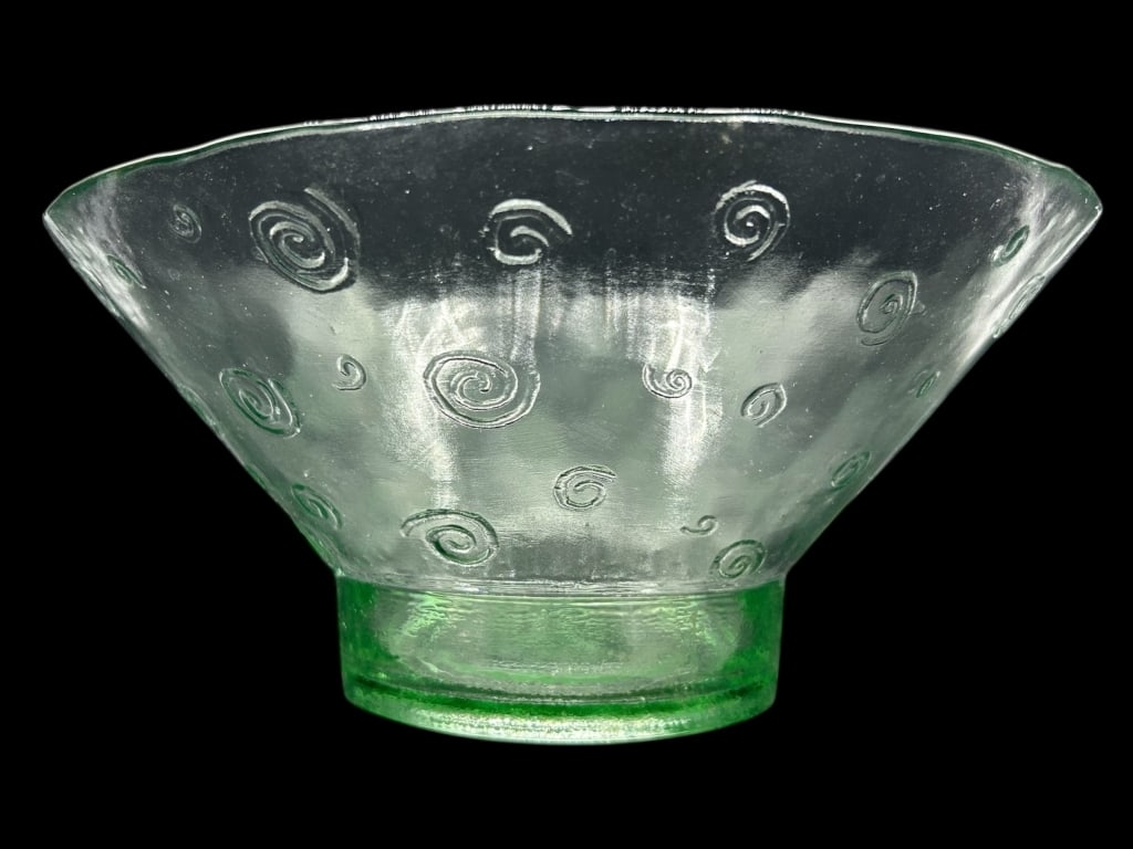 ARTISAN GREEN RECYCLED GLASS BOWL 5": - BEAUTIFUL HANDBLOWN BOWL CRAFTED FROM RECYCLED GREEN GLASS WITH A TEXTURED SURFACE AND WHIMSICAL RAISED SWIRL MOTIFS. THE FLARED FORM AND FROSTED FINISH GIVE IT AN ARTISTIC, ORGANIC FEEL—IDEAL AS 
