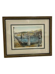 SIGNED FRAMED HAND COLORED ETCHING 15.5"