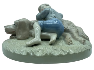 BOY WITH DOG VINTAGE PORCELAIN FIGURINE, 9"
