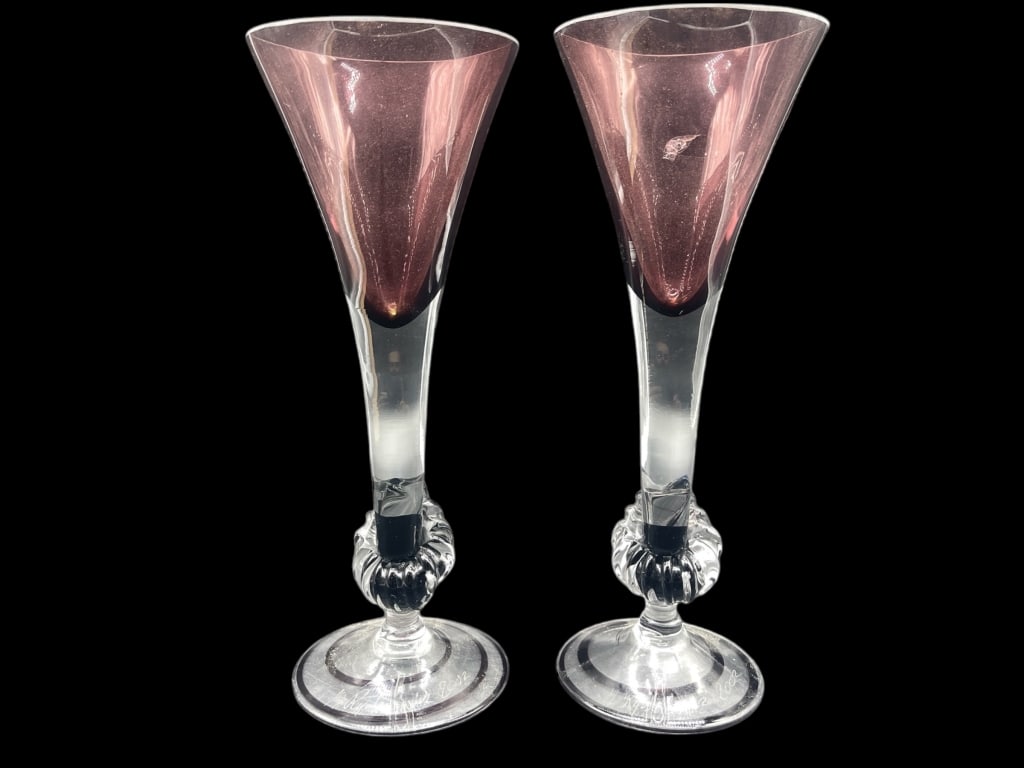 SIGNED ART GLASS CHAMPAGNE FLUTES 10" (1 of 4)