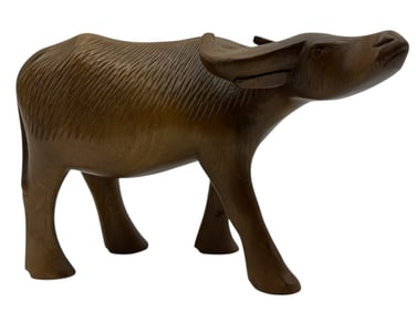 HAND-CARVED WOODEN WATER BUFFALO SCULPTURE 8"