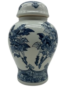 BLUE AND WHITE FLORAL GINGER JAR WITH LID 9"