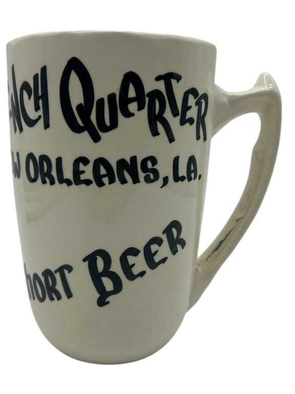 VINTAGE CERAMIC MUG 7.5": - VINTAGE "FRENCH QUARTER NEW ORLEANS SHORT BEER" CERAMIC MUG — A CHARMING VINTAGE CERAMIC MUG FEATURING BOLD HAND-PAINTED LETTERING READING “FRENCH QUARTER NEW ORLEANS, LA – SHORT BEER.” 