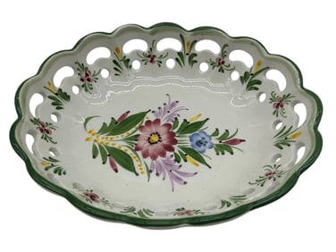 HAND-PAINTED PORTUGUESE MAJOLICA PIERCED BOWL 10"