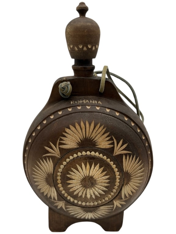 VINTAGE HAND-CARVED ROMANIAN WOODEN FLASK: - VINTAGE HAND-CARVED ROMANIAN WOODEN FLASK WITH LID AND STRAP – A CHARMING TRADITIONAL DECORATIVE PIECE FEATURING INTRICATE GEOMETRIC AND FLORAL CARVINGS ON BOTH SIDES, MARKED “ROMANIA” ON