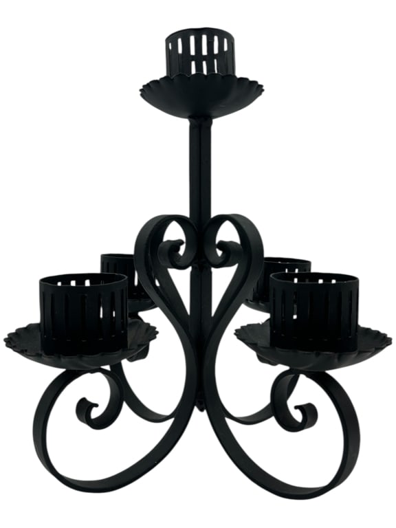BLACK WROUGHT IRON 5-ARM CANDLEHOLDER 14": - BLACK WROUGHT IRON 5-ARM CANDLEHOLDER – ELEGANTLY CRAFTED WITH SCROLLING IRONWORK AND A CENTER RISER, THIS VINTAGE-STYLE CANDLEHOLDER FEATURES FIVE CUPPED HOLDERS DESIGNED TO HOLD TAPER OR VOTIVE
