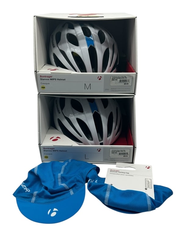 BONTRAGER STARVOS MIPS BIKE HELMETS 10": - BONTRAGER STARVOS MIPS BIKE HELMETS (M & L) WITH SUMMER CYCLING CAPS – NEW IN BOXTWO BRAND NEW BONTRAGER STARVOS MIPS HELMETS, ONE SIZE MEDIUM AND ONE SIZE LARGE, BOTH IN WHITE WITH ORIGINAL RETAI