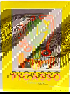 PICASSO LITHOGRAPHS BOOK BY HATJE CANTZ 13": PICASSO LITHOGRAPHS BY HATJE CANTZ PUBLISHERS IS A VIBRANTLY ILLUSTRATED HARDCOVER BOOK SHOWCASING THE LITHOGRAPHIC WORKS OF PABLO PICASSO. THE BOOK FEATURES A BOLD YELLOW DUST JACKET WITH A COLORFUL