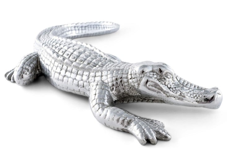 NEW! ARTHUR COURT LARGE ALLIGATOR FIGURINE 13": NEW! ARTHUR COURT LARGE ALLIGATOR FIGURINE 13" -NEW! NIB -13" X 5.5" -HANDMADE IN SAND-CAST ALUMINUM, THESE FIGURINES COMPLEMENT DRINKWARE AND SERVEWARE NICELY. 