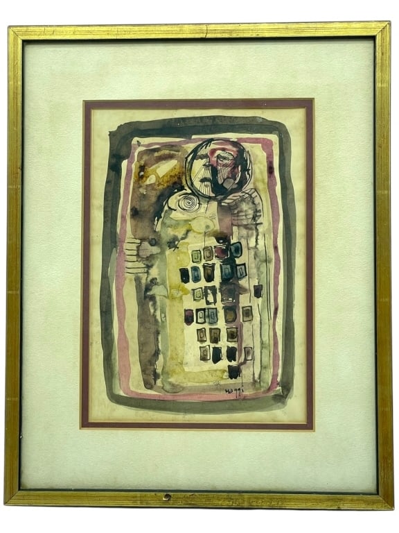 GUIDO MAGGI ORIGINAL INK WASH DRAWING 15": 1970'S GUIDO MAGGI ORIGINAL INK WASH DRAWING, SIGNED LOWER RIGHT — A WHIMSICAL YET EVOCATIVE COMPOSITION IN WATERCOLOR AND INK, FEATURING A STYLIZED FIGURE IN EARTHY AND JEWEL-TONED HUES, BORDERED B