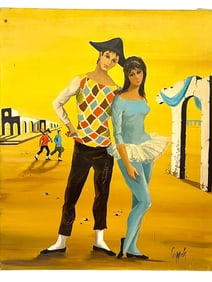 VIBRANT MID-CENTURY MODERN FIGURATIVE PAINTING 22"