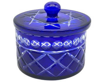 COBALT CUT GLASS COVERED JAR 5"