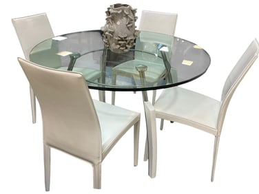 MODERN GLASS DINING W 4 LEATHER WRAPPED CHAIRS
