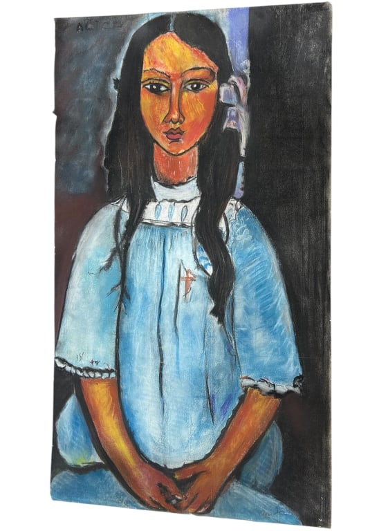 AFTER AMEDEO MODIGLIANI MID-CENTURY PASTEL ART 32": - MID-CENTURY PASTEL PORTRAIT OF A GIRL IN BLUE – A STRIKING CHALK PASTEL ON PAPER INSPIRED BY THE DISTINCTIVE STYLE OF AMEDEO MODIGLIANI, DEPICTING A YOUNG GIRL IN A BLUE DRESS WITH HANDS FOLDED, S