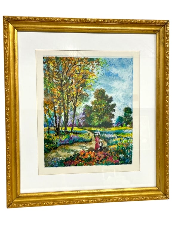 DIMITRI POLAK SIGNED SERIGRAPH PRINT FRAMED 24": DIMITRI POLAK, "UNTITLED 10" NUMBERED LIMITED EDITION SERIGRAPH -24" X 21" APPROX TO FRAME -FRAMED, SIGNED PRINT OF AN IMPRESSIONIST LANDSCAPE. BEAUTIFUL SCENE WITH A WOMAN IN A RED DRESS WALKING ALON