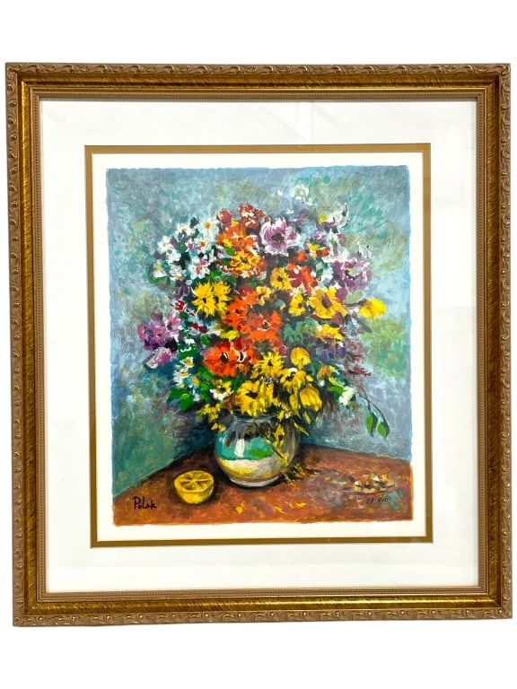 DIMITRI POLAK STILL LIFE SERIGRAPH PRINT 22": FRAMED, SIGNED STILL LIFE SERIGRAPH PRINT BY DIMITRI POLAK. VIBRANT COMPOSITION FEATURING A LUSH BOUQUET OF COLORFUL FLOWERS IN A GLASS VASE, ACCOMPANIED BY A SLICED LEMON ON A WOODEN SURFACE. EXPRESS