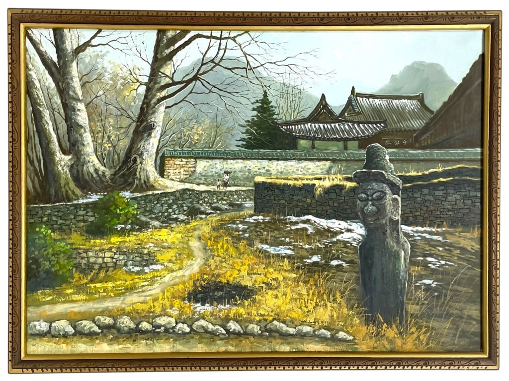 KOREAN LANDSCAPE OIL PAINTING 39": ORIGINAL OIL PAINTING DEPICTING A TRADITIONAL KOREAN LANDSCAPE WITH ANCESTRAL STONE FIGURE, ANCIENT TREES, AND A MOUNTAIN TEMPLE COMPOUND IN THE BACKGROUND. THE ARTIST BEAUTIFULLY CAPTURES THE TRANQUI