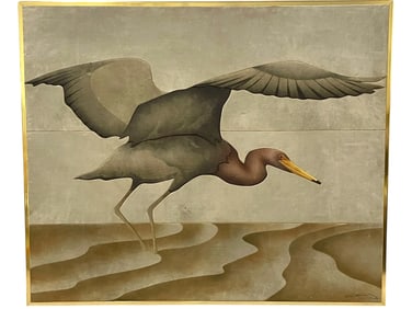 LARGE SUEDE COASTAL EGRET WALL ART 48"