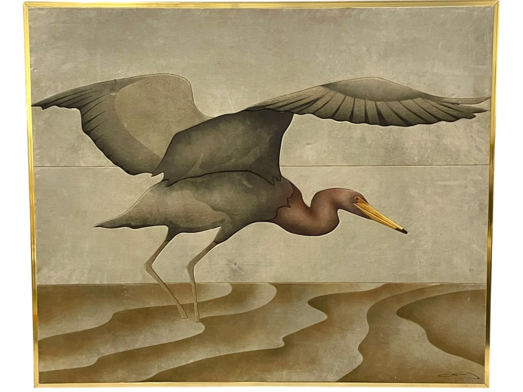 LARGE SUEDE COASTAL EGRET WALL ART 48": LARGE SUEDE COASTAL EGRET WALL ART -41" X 48" APPROX TO FRAME-GOOD PRE OWNED CONDITION, SMALL DENT TO SUEDE WITH HOLE, REPAIRABLE-SIGNED-DP62325 By bidding on this item, you have read, understand, and