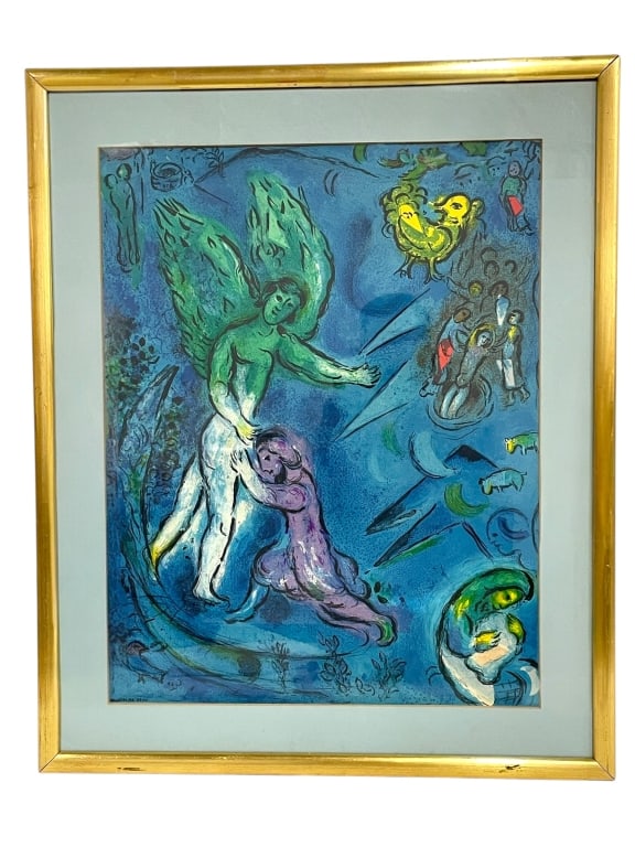 MARC CHAGALL SURREALIST ART PRINT 25": THIS IS A PRINT OF A WORK BY MARC CHAGALL (RUSSIAN-FRENCH, 1887–1985), FEATURING HIS DISTINCTIVE SURREALIST STYLE WITH VIVID COLORS, FLOATING FIGURES, AND BIBLICAL SYMBOLISM. THE IMAGE DEPICTS A GRE