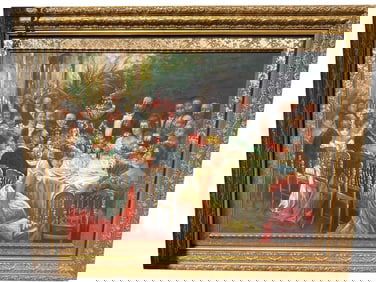 LARGE FRAMED OIL PAINTING ELEGANT BANQUET 63"