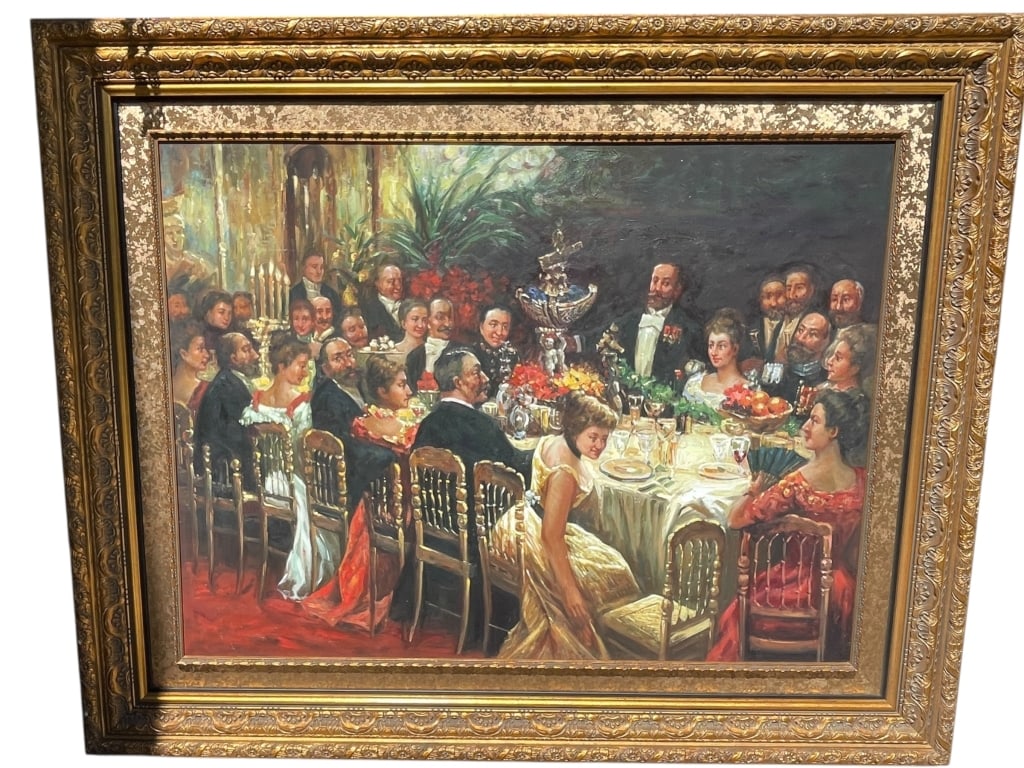 LARGE FRAMED OIL PAINTING  ELEGANT BANQUET 63" (1 of 4)