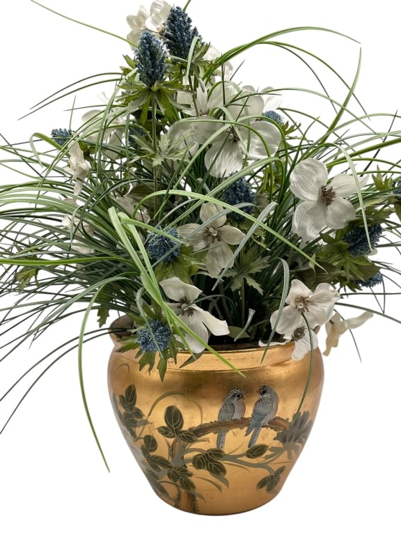 CHINOISERIE GOLD CERAMIC PLANTER W FAUX FLORAL 22" (1 of 5)