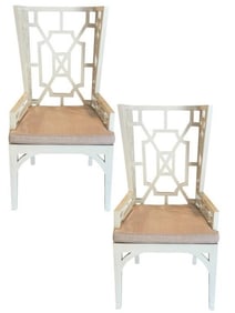 CHINOISERIE-STYLE WHITE LATTICE-BACK WING CHAIRS