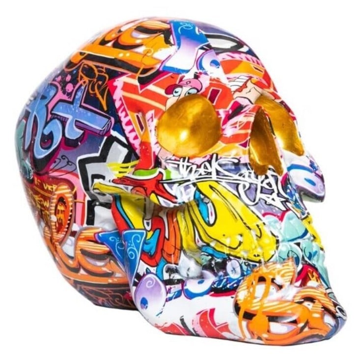 HAND PAINTED STREET ART SKULL - 10.5" LONG: HAND PAINTED STREET ART SKULL - 10.5" LONG -TAKE SOME EDGE OFF WITH ANOTHER CLASSIC CONCEPT WITH A ARTISTIC, MODERN TOUCH. TONS OF COLOR IN THIS UNIQUE SCULPTURE . SPECIFICATIONS: - IMPORTED - MATERIA