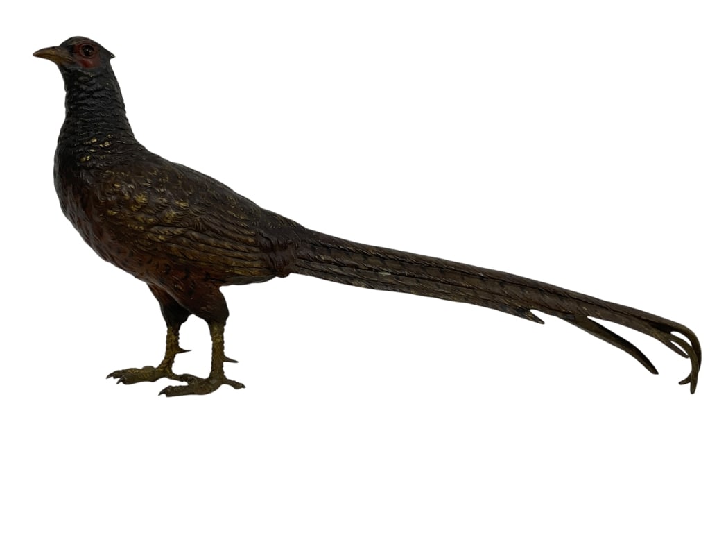 CAST METAL PHEASANT SCULPTURE 14": CAST METAL PHEASANT SCULPTURE – A LIFE-LIKE DECORATIVE FIGURE WITH INTRICATE FEATHER DETAILING AND A NATURALISTIC STANCE. FINISHED IN A DARK BRONZE-TONE PATINA WITH SUBTLE GOLD ACCENTS, THIS ELEGANT