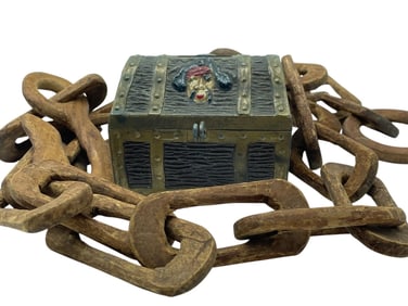 TOY TREASURE CHEST WITH CARVED WOOD CHAIN