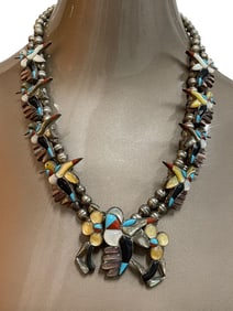STERLING ZUNI HUMMINGBIRD SQUASH BLOSSOM NECKLACE