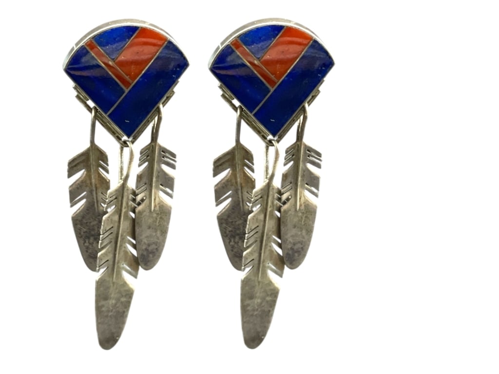 NATIVE STERLING LAPIS CORAL  EARRINGS 21G (1 of 5)
