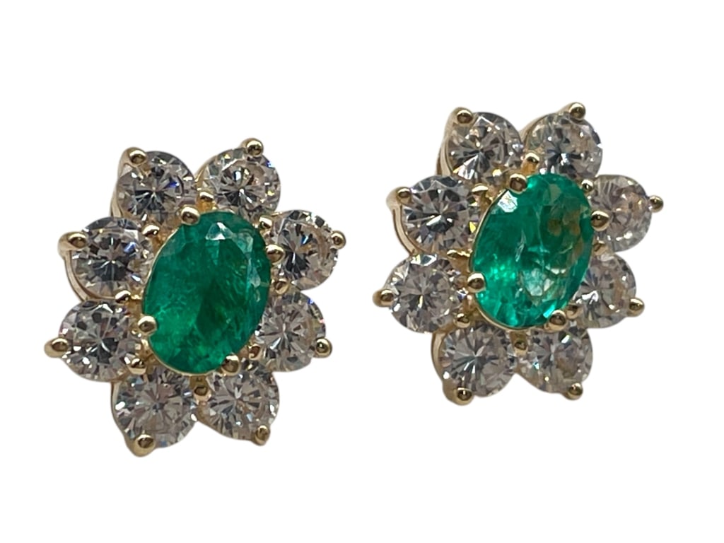14K GOLD LAB  EMERALD AND CZ STUD EARRINGS 4.2G (1 of 4)