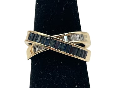 14K GOLD DIAMOND & SAPPHIRE CROSSOVER RING 5.5G