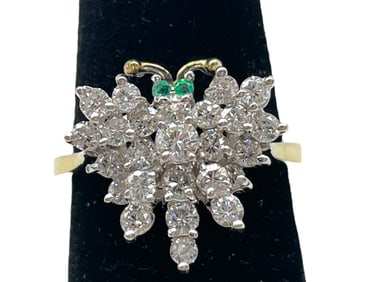 14k BUTTERFLY RING W/ DIAMONDS AND EMERALDS