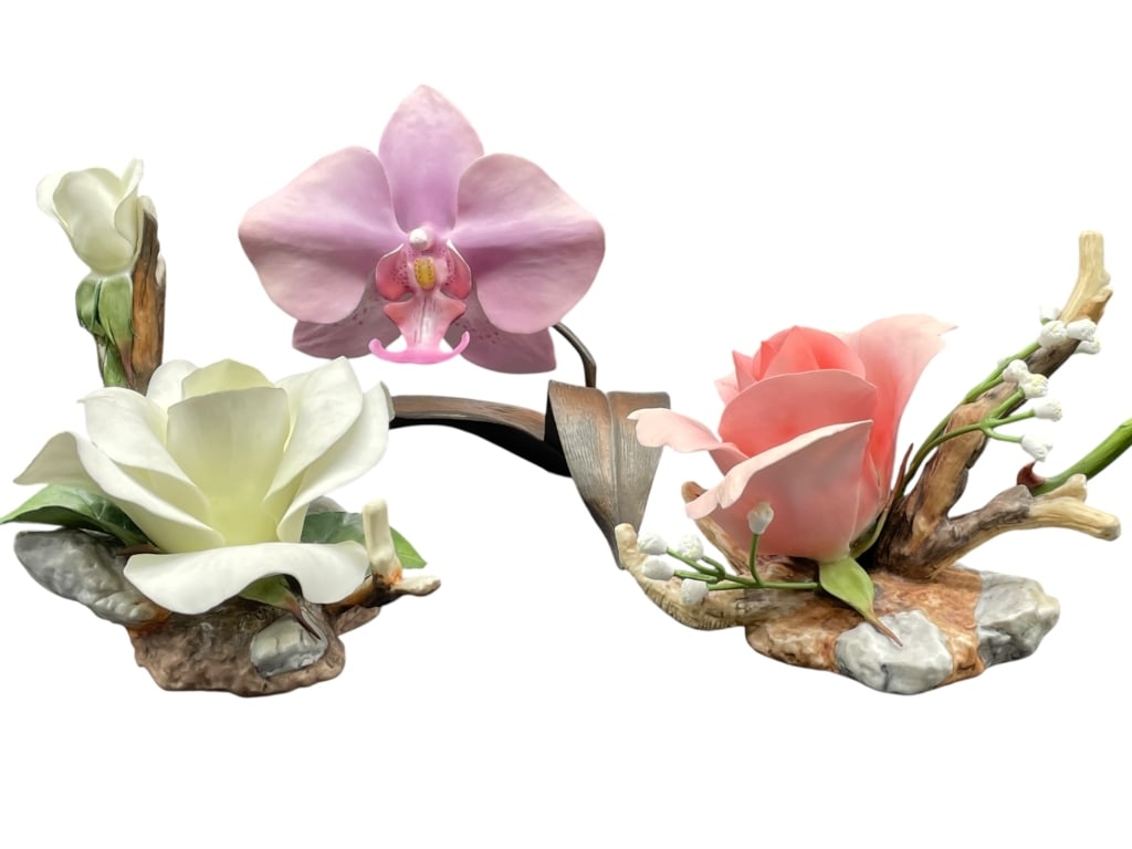 3 BOEHM BONE PORCELAIN FLOWER SCULPTURES: SET OF THREE BOEHM BONE PORCELAIN FLOWER SCULPTURES INCLUDING "PASCALI ROSE," "ROSE BLOSSOM," AND A PINK ORCHID. EACH HANDCRAFTED IN ENGLAND WITH INTRICATE DETAILING AND REALISTIC PETAL TEXTURES. THE