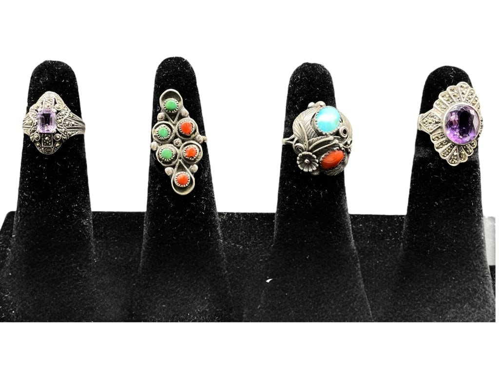 FOUR VINTAGE STERLING SILVER GEMSTONE RINGS 6.5 (1 of 2)