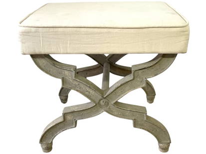 FRENCH STYLE X-BASE UPHOLSTERED BENCH 20": FRENCH STYLE X-BASE UPHOLSTERED BENCH – ELEGANTLY CRAFTED WITH A CARVED WOOD FRAME IN A WEATHERED GRAY FINISH AND A PLUSH LINEN CUSHION TOP. THIS VERSATILE ACCENT STOOL FEATURES A CLASSIC CURVED SIL