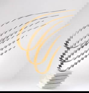 SWOOSH" MODERN IRON SCULPTURE ON MARBLE BASE 30: "SWOOSH" MODERN IRON SCULPTURE ON MARBLE BASE – GOLD FINISHELEGANT AND DYNAMIC, THIS MODERN "SWOOSH" SCULPTURE FEATURES FOUR SWEEPING IRON RIBBONS IN A BRUSHED GOLD FINISH, EVOKING THE GRACEFUL MOTI