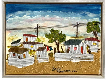 LESLIE MIENZANA MIXED MEDIA CITY PAINTING 18": ORIGINAL 2002 MIXED MEDIA ARTWORK BY LESLIE MIENZANA FEATURING A VIBRANT SHANTYTOWN SCENE WITH TEXTURAL ELEMENTS SUCH AS SANDED EARTH, CORRUGATED TIN, CLOTH LINES, AND TREES. THIS PIECE MASTERFULLY CO