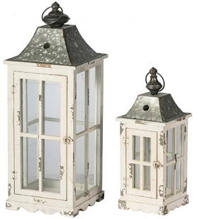 PAIR OF RUSTIC CANDLE HOLDER LANTERNS: CANDLE HOLDER LANTERN 27.5'' & 18.5'' TALL DISTRESSED ANTIQUE COUNTRY FARMHOUSE CHIC STYLE FITS LARGE PILLAR CANDLES INDOOR &nbsp; By bidding on thi
